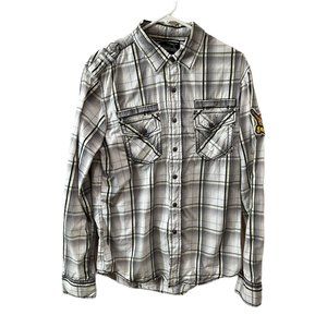 BKE Buckle Men’s Size Medium Black Label No. 48 Slim Fit Shirt Grey White Plaid